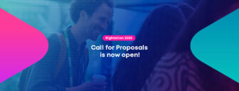 Person talking during RightsCon Costa Rica (2023) with the text over it: Call for Proposals is now open!
